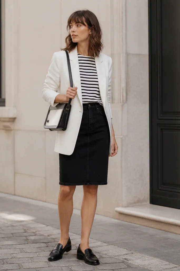 Model wears a black denim skirt with a straight cut and a knee-length hem. She layers a white blazer over a black-and-white striped tee tucked slightly at the front. Shoes are black loafers; she carries a structured black-and-white shoulder bag.