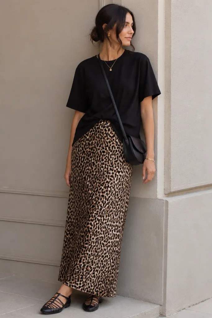 A black boxy short-sleeve tee worn over a leopard print maxi skirt. The tee sits untucked at the sides with a slight front tuck. Black strappy flats and a simple black crossbody are shown.