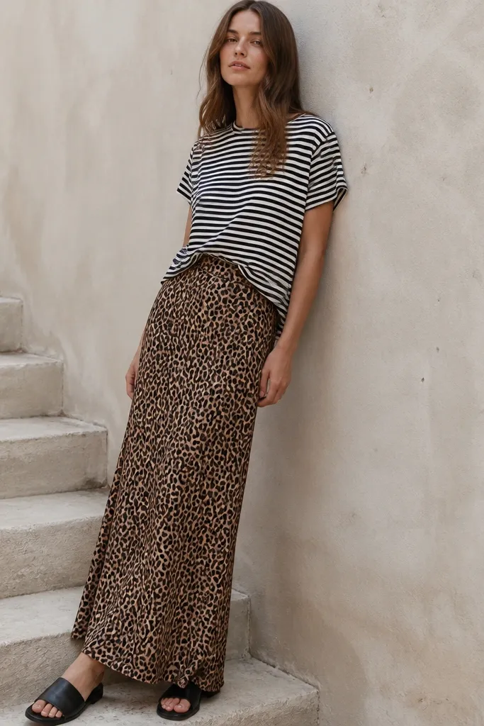 A black-and-white striped short-sleeve tee worn with a leopard print maxi skirt. The tee is tucked at the front third. Black slides with a wide strap are shown.
