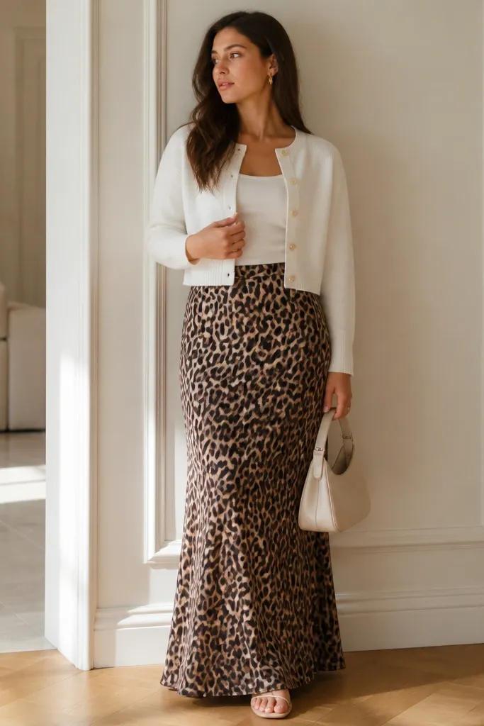 A white cropped cardigan with buttons is layered over a simple top. The cardigan ends at the high waist over a leopard print maxi skirt. Gold hoop earrings and a cream handbag are visible.