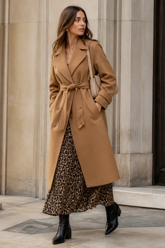 A camel trench coat worn over a leopard print maxi skirt. The trench is belted at the waist and the hem falls around mid-calf. Black ankle boots are shown with a neutral shoulder bag.
