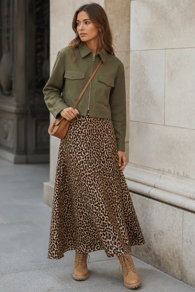 An olive utility jacket with a zip front is worn with a leopard print maxi skirt. The jacket ends around the high waist. Tan lace-up boots and a crossbody bag are visible.