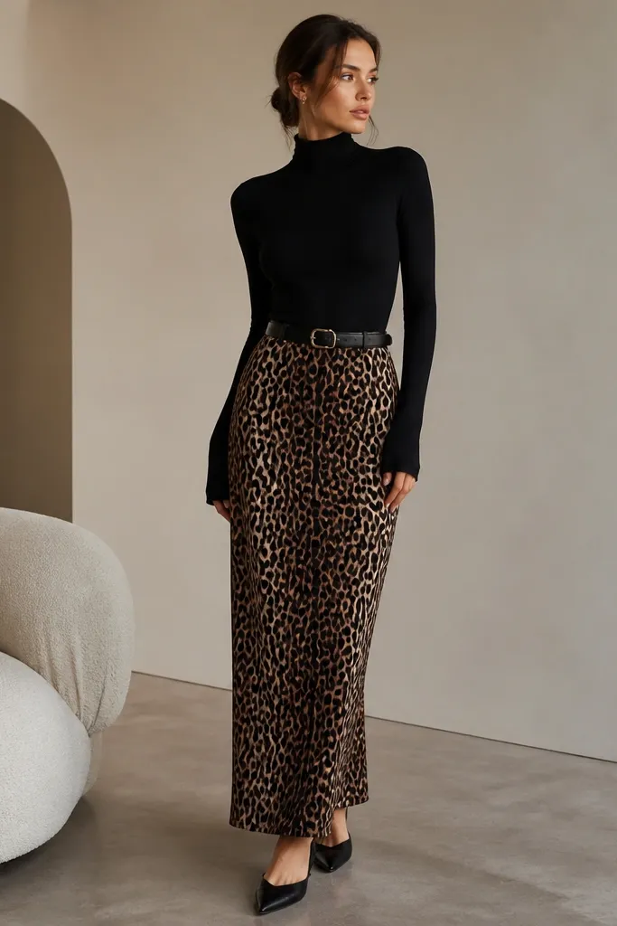 A black turtleneck bodysuit is worn with a leopard print maxi skirt. A black belt cinches the waist over the bodysuit. The shoes are black pointed flats.