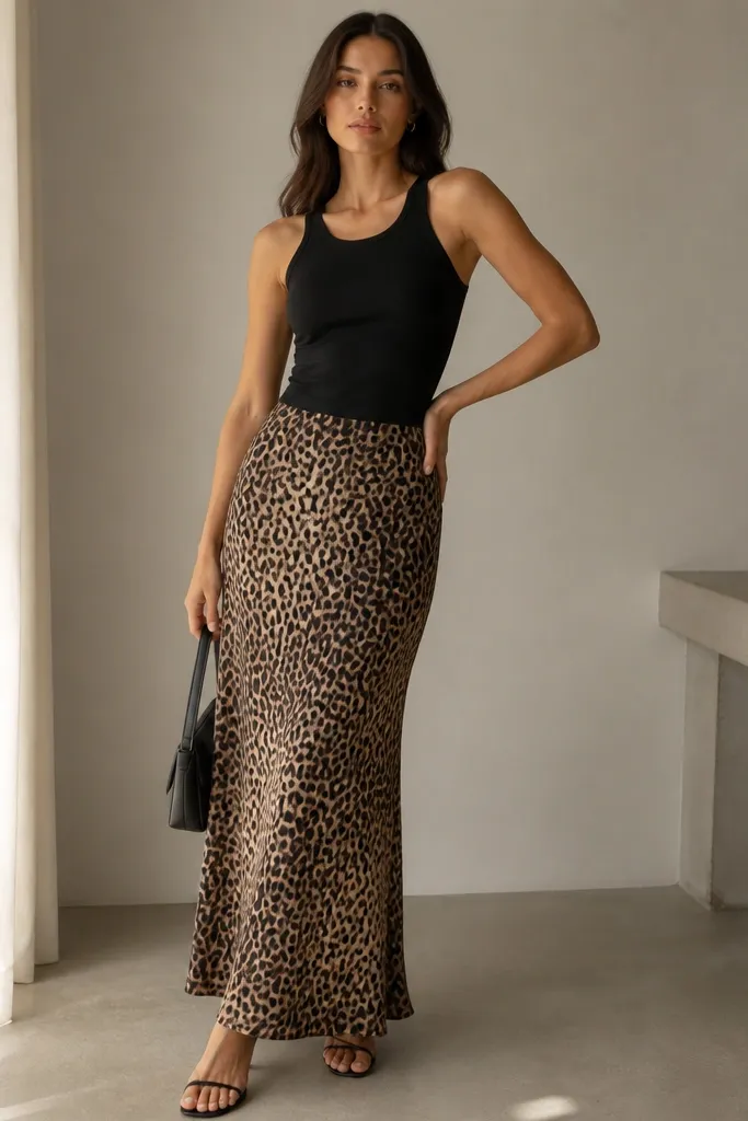Modern minimalist leopard print maxi skirt outfit