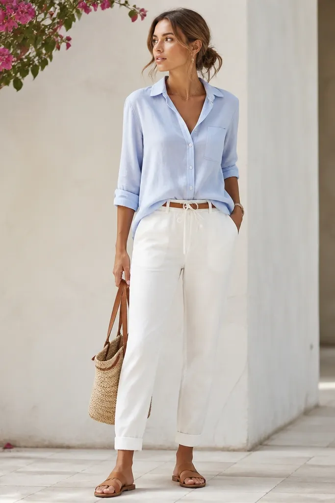 A light blue button-down shirt paired with modern white joggers. The shirt is half-tucked at the front with the back hanging slightly longer. A tan belt shows at the waist, and the woman wears tan loafers or flat sandals.