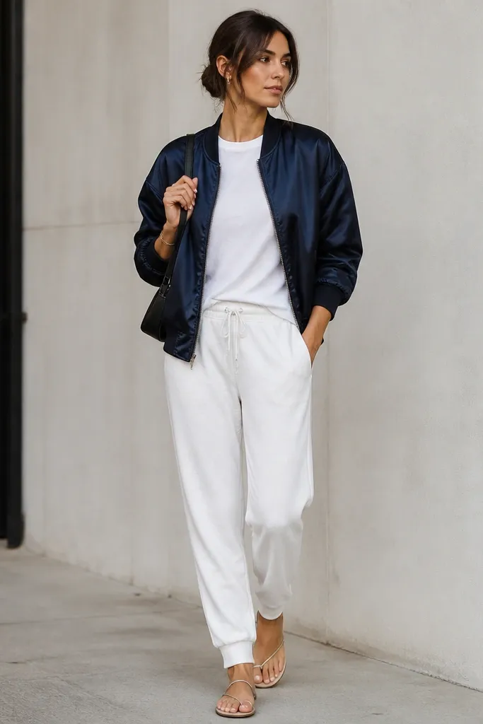 White joggers with a navy satin bomber jacket worn open over a plain white tee. The woman wears minimal flat sandals and a small shoulder bag. The bomber has a slight sheen that catches light.