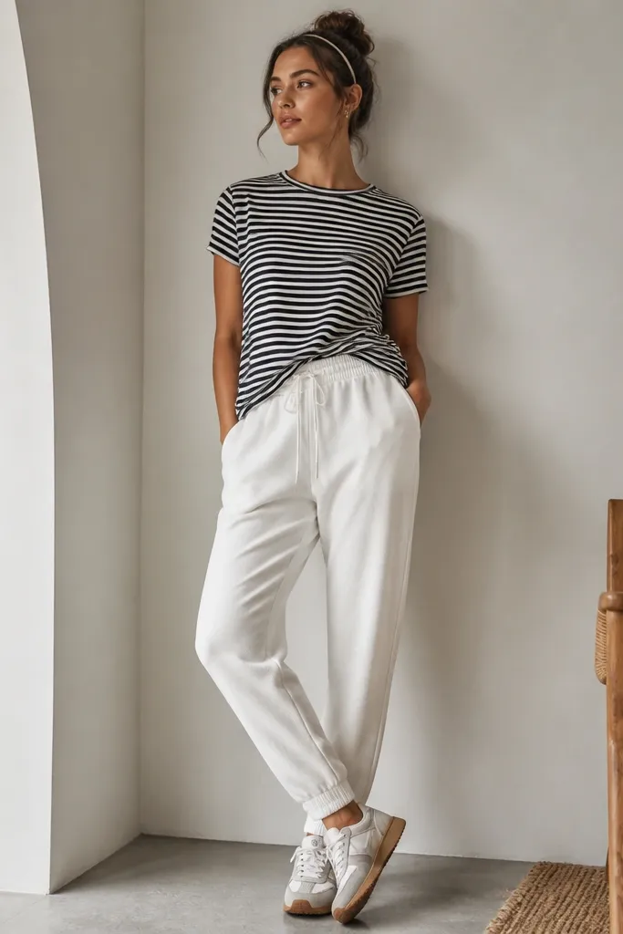 White joggers with a black-and-white striped short-sleeve tee. A thin headband sits across the hairline, and the woman wears retro-style sneakers with a slightly thicker sole. The tee is tucked at the front.