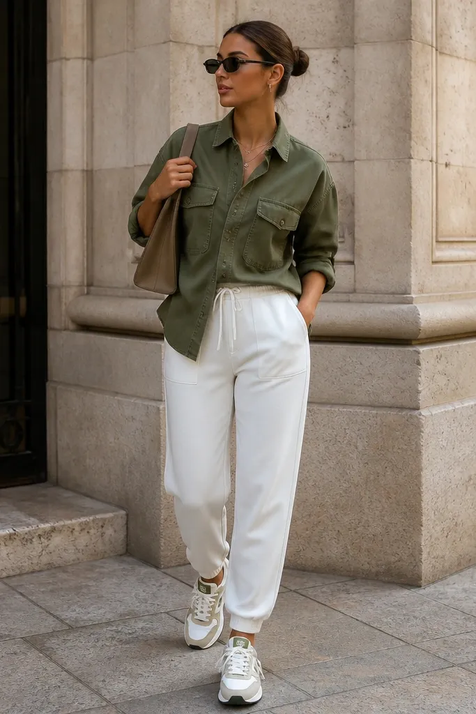White joggers paired with an olive green utility shirt worn buttoned or half-buttoned. Sleeves are rolled, and the woman wears dark sunglasses with a shoulder bag. Sneakers are mostly white with olive accents.