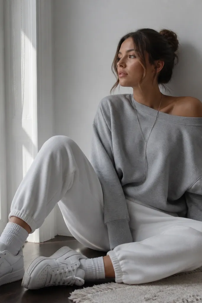 White joggers with a gray oversized sweatshirt worn off the shoulder slightly, paired with ankle socks and white sneakers. A long thin chain hangs down the center. The outfit is photographed indoors near a window.