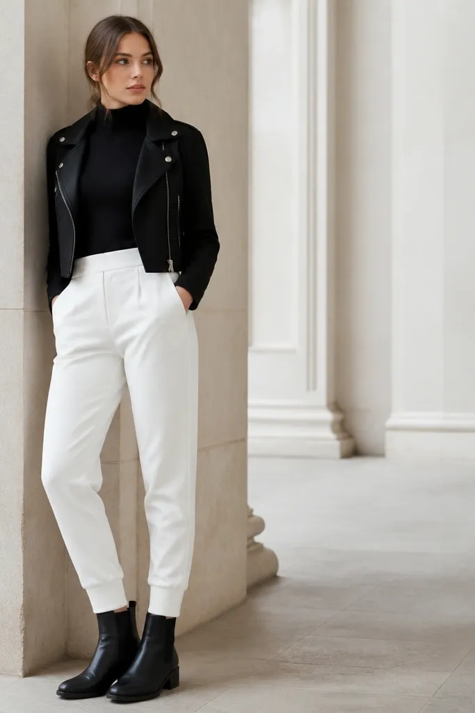 White joggers paired with a fitted black turtleneck and a cropped black moto jacket. The jacket ends around the hip. The woman wears black ankle boots with a low heel.