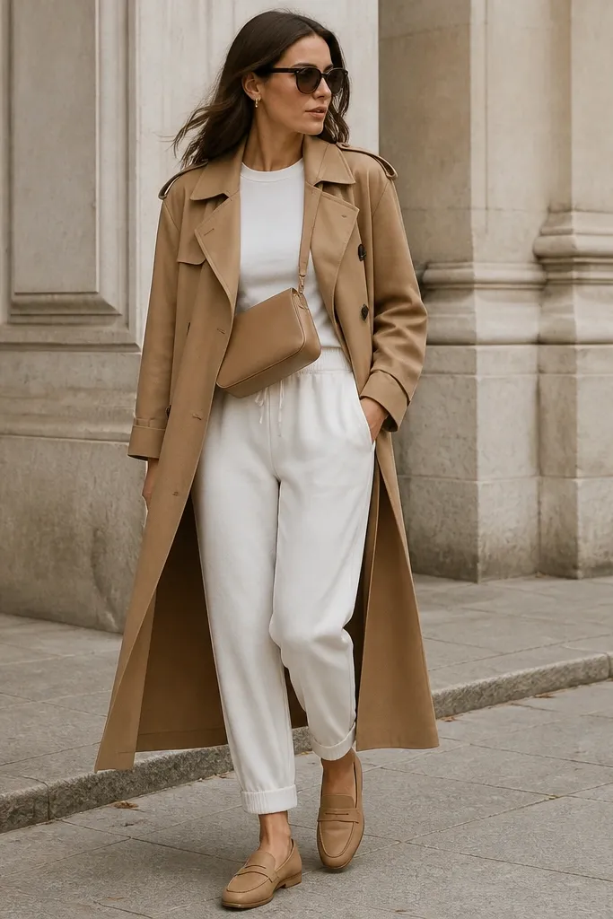 A camel trench coat worn over white joggers. The jogger hem is slightly rolled to show ankle and a clean line. The woman wears tan loafers and a belt bag or small shoulder bag.