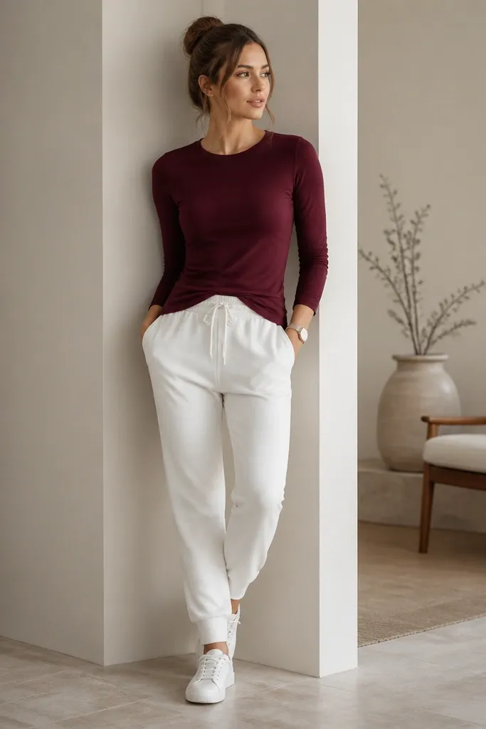 White joggers with a burgundy long-sleeve fitted tee. The woman wears a simple watch and white sneakers. The tee is slightly tucked at the front.