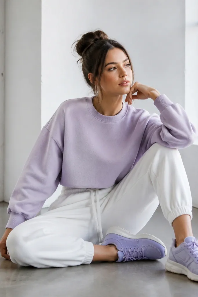 White joggers paired with a lavender sweatshirt. The sweatshirt is relaxed and slightly cropped. The woman wears sneakers in a matching lavender or light purple tone.