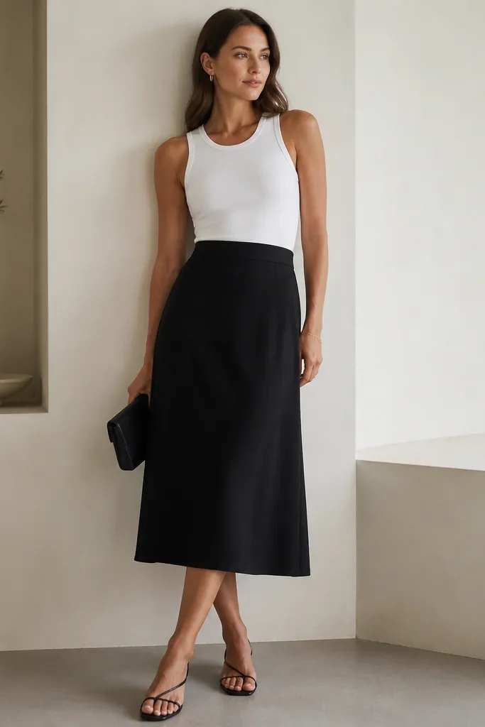 A modern white tank tucked into a black midi skirt with a slight A-line shape; the model wears thin black strappy sandals and a small clutch.