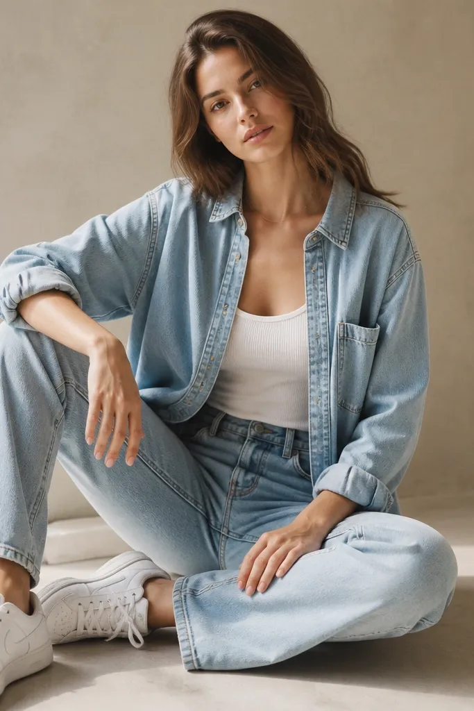 A white tank under a light-blue denim overshirt, paired with light-wash straight jeans and white sneakers.