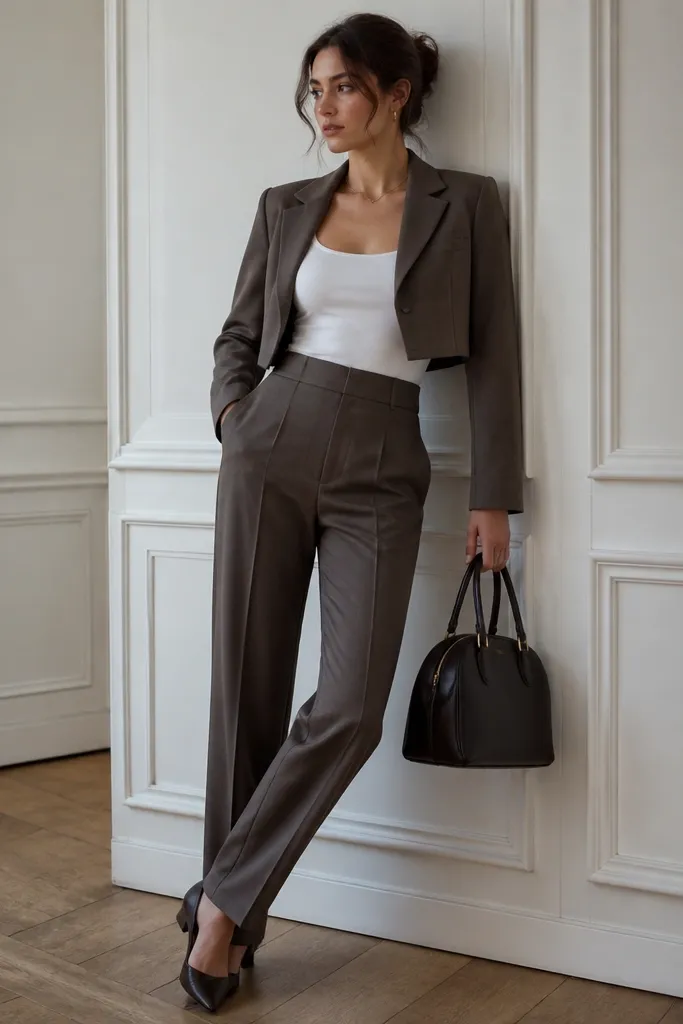 A fitted white tank worn under a cropped blazer with high-waisted tailored trousers; the model has pointed-toe flats and a structured handbag.