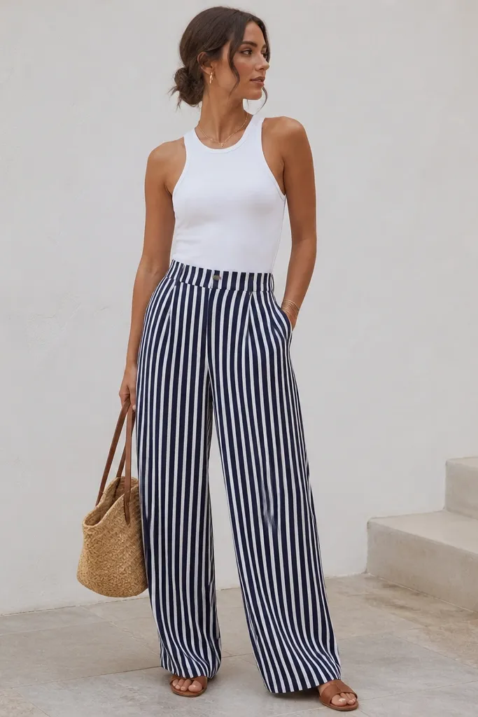 A modern white tank with tucked front into wide-leg striped pants in navy and white; the model wears tan sandals and a woven tote.