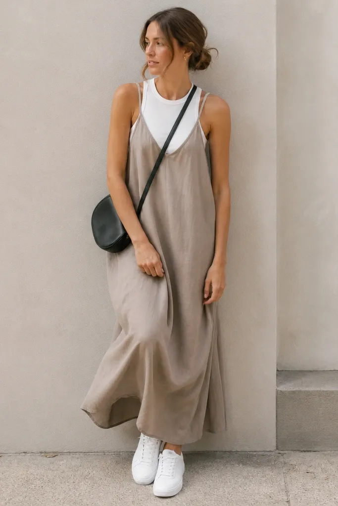 A white tank layered under a loose maxi slip dress with thin straps; the model wears white sneakers and a crossbody bag.