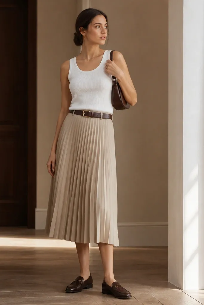 A white tank tucked into a pleated midi skirt with a leather belt; the model wears loafers and a small shoulder bag.