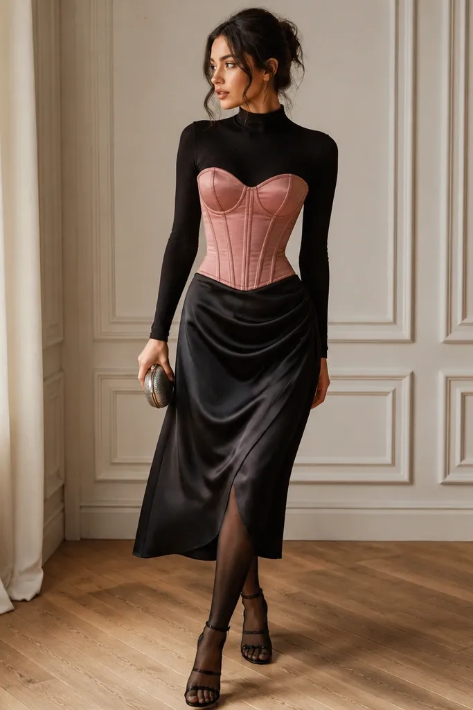 A dusty rose corset over a black bodysuit, paired with a black satin midi skirt that drapes and catches light. Sheer black tights cover the legs, with strappy black heels and a small silver clutch.