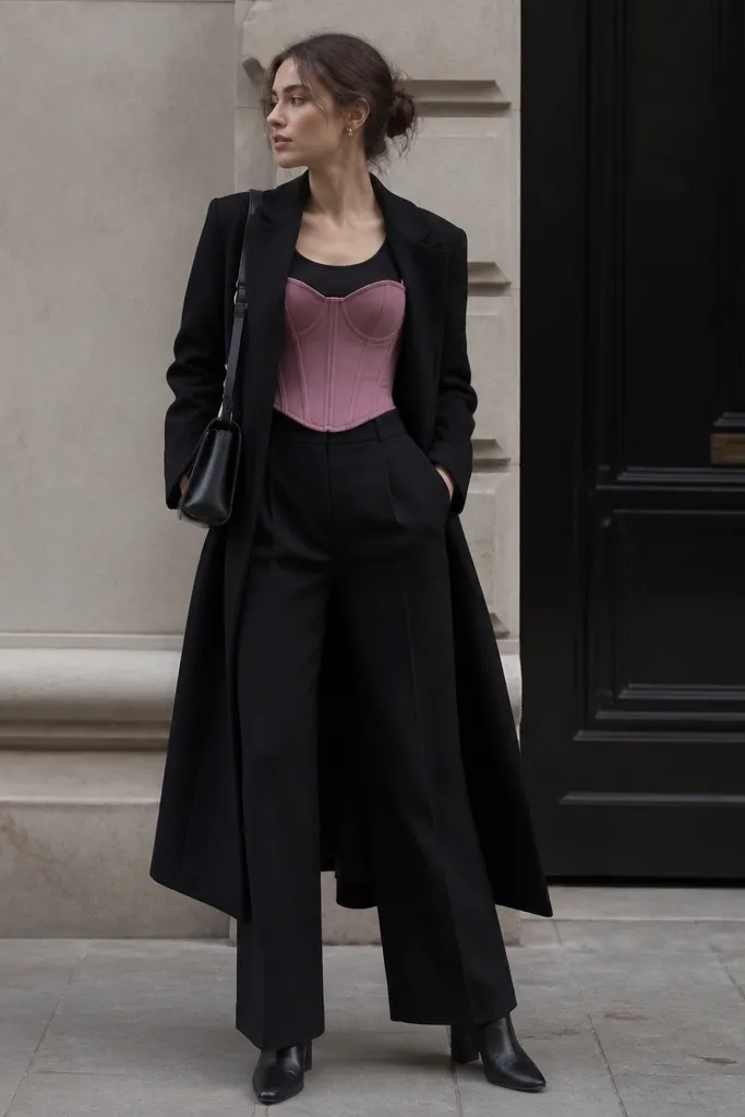 A muted hot pink corset over a black tank. The pants are black wide-leg trousers with a sharp crease, and a long black coat reaches mid-calf. The person wears black ankle boots and a structured shoulder bag.