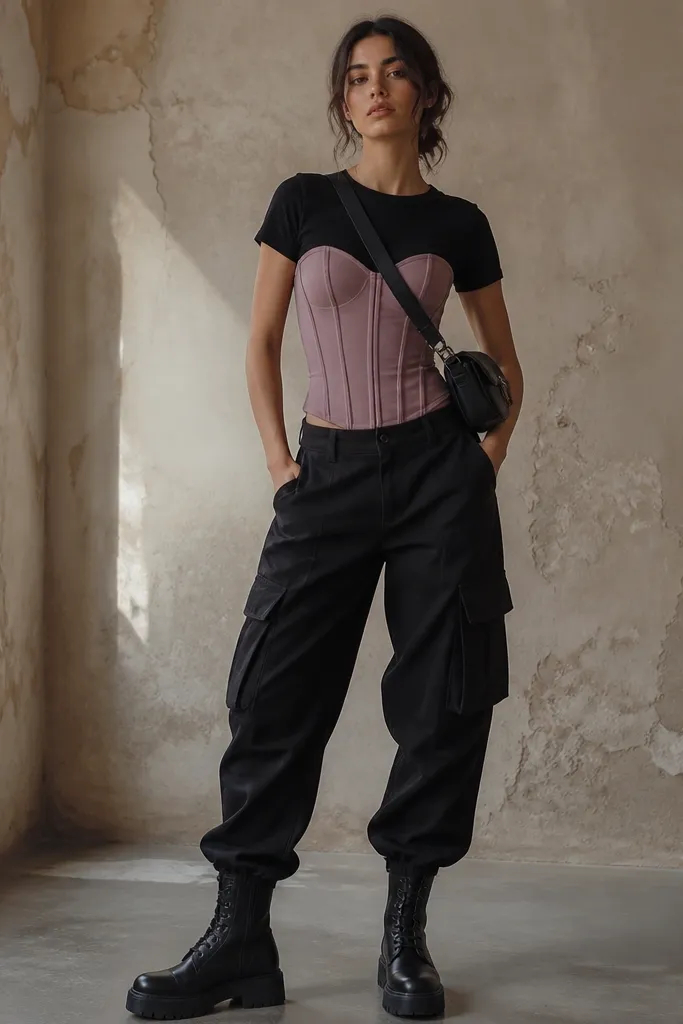 A dusty rose corset paired with black cargo pants with large side pockets. The outfit includes black combat boots, a simple black tee underneath, and a black crossbody bag worn across the chest.