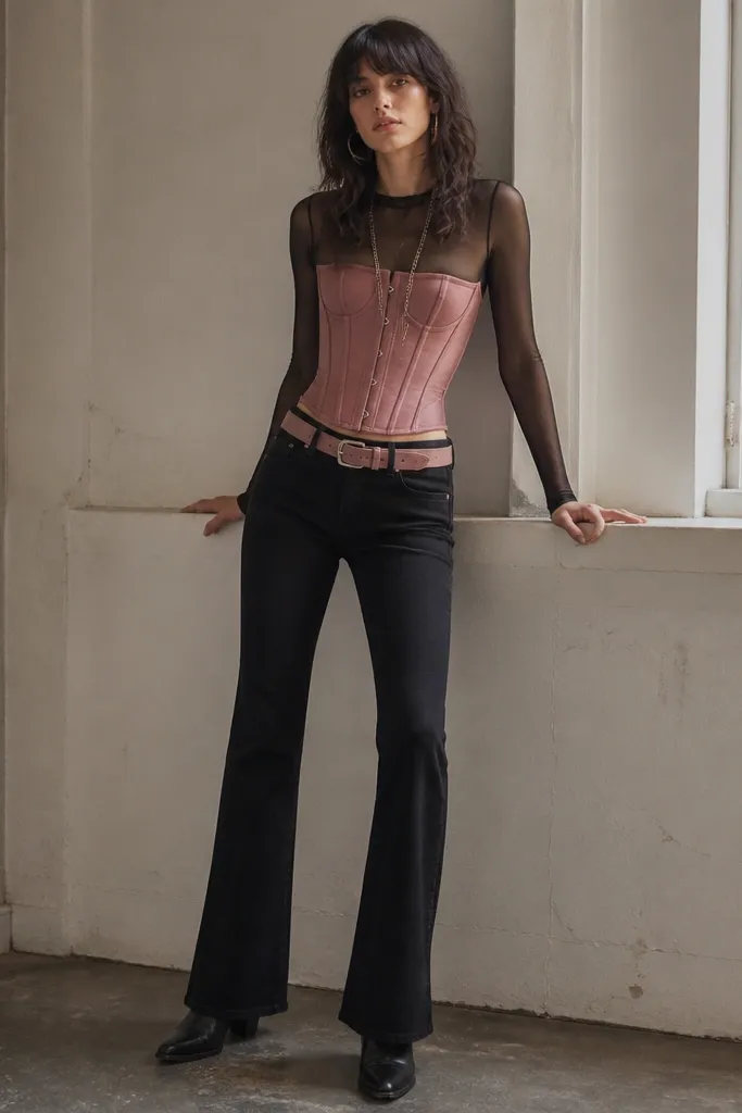 A dusty rose corset over a black mesh long-sleeve top. The jeans are black and slightly flared, with a belt that matches the corset tones. The person wears black ankle boots and a long silver chain.