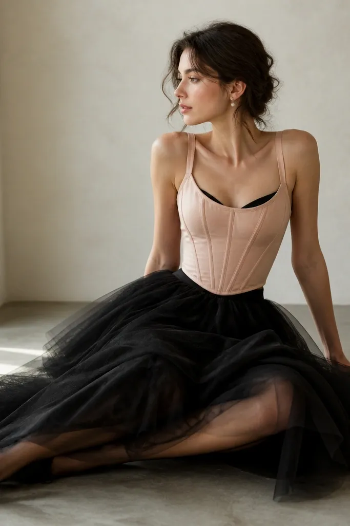 A blush corset paired with a black tulle midi skirt that has multiple layers. The look includes a fitted black bodysuit underneath, black ballet flats, and a small pearl-like earring.