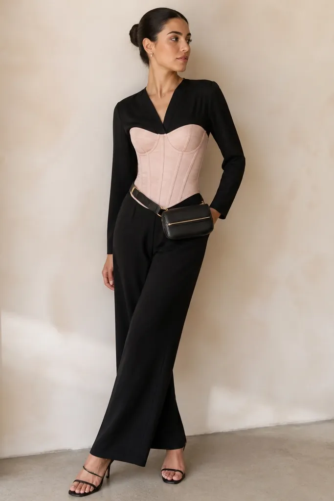 A blush corset worn over a black wrap-style jumpsuit. A crossbody belt bag sits at the hip, and the person wears black strappy heels. The hair is pulled back, and the jewelry is minimal.