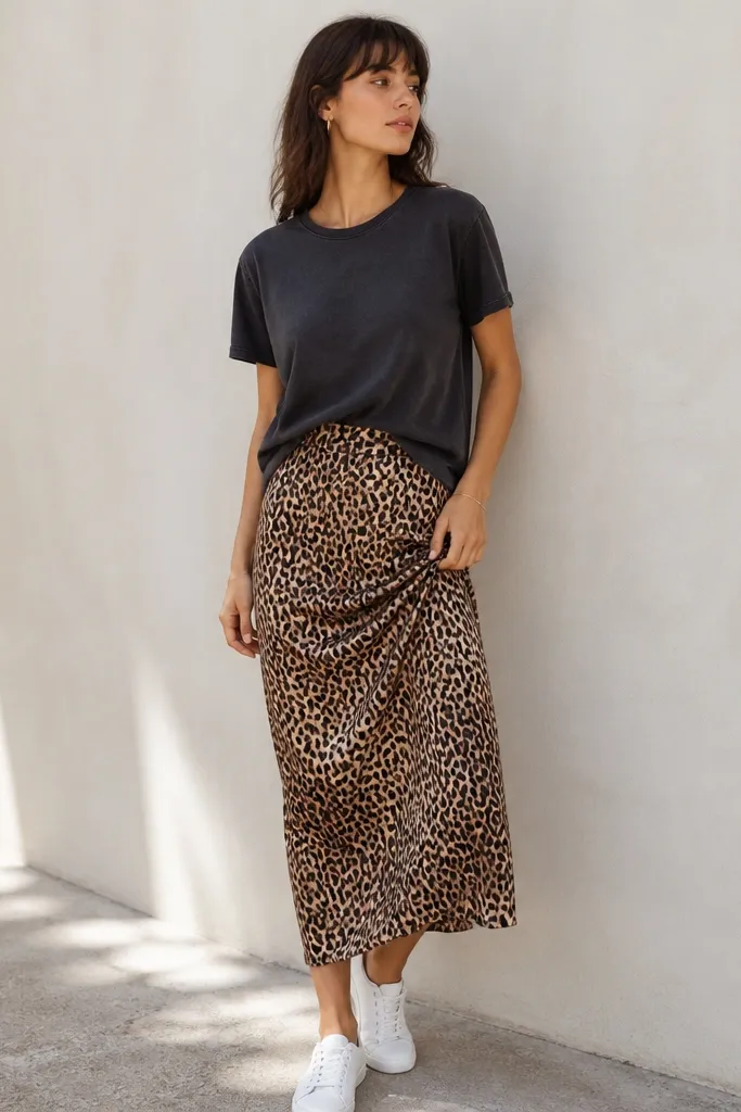 Leopard silk skirt worn with a washed black short-sleeve tee tucked at the front. The outfit includes crisp white low-top sneakers and small gold hoop earrings.