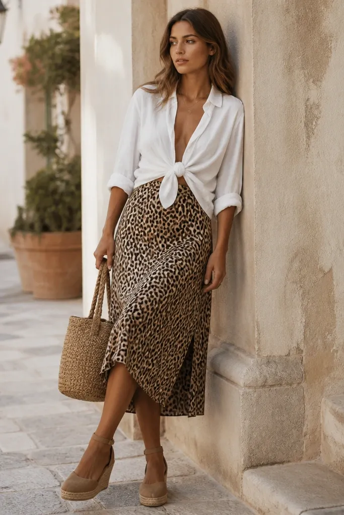 Leopard silk skirt with a white linen shirt worn open and tied in a knot at the waist. The person wears espadrille wedges and holds a woven bag.
