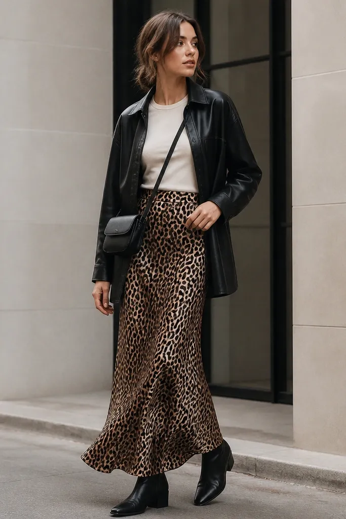 Leopard silk skirt with a cream short tee tucked in, layered under a black leather-look jacket. The outfit includes black ankle boots and a crossbody bag.