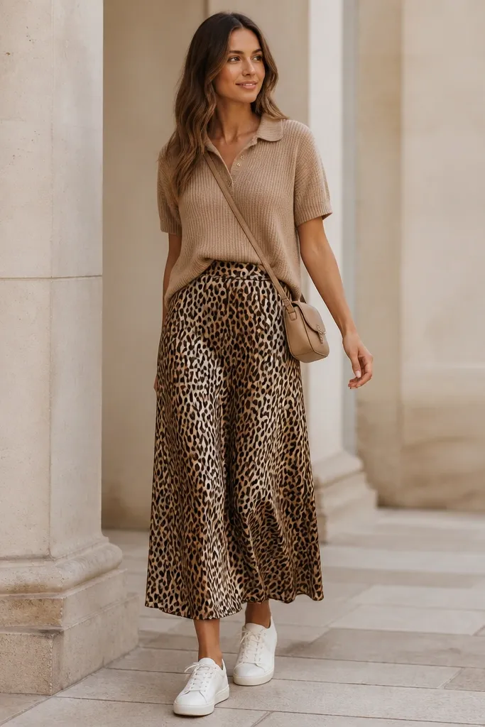Leopard silk skirt worn with a tan knit polo shirt tucked at the front. White sneakers and a tan crossbody bag complete the look.