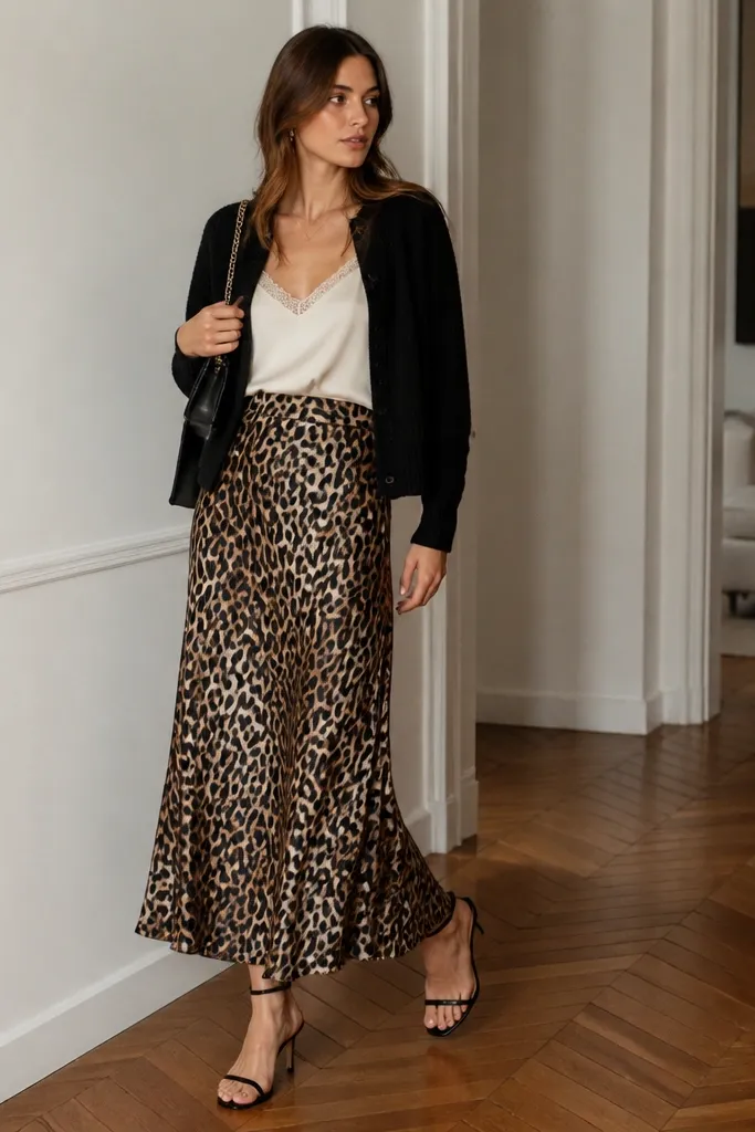 Leopard silk skirt paired with a black knit cardigan worn open and draped over a cream camisole. The person wears black strappy heels and a small shoulder bag.