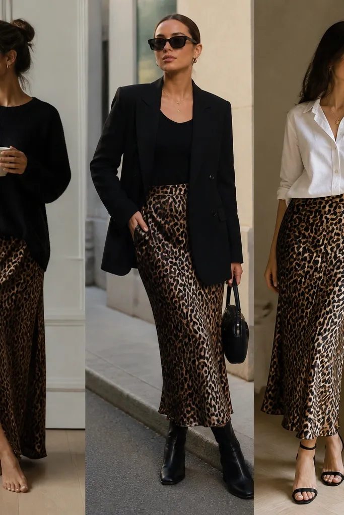 Quick 5 minute leopard silk skirt outfit ideas