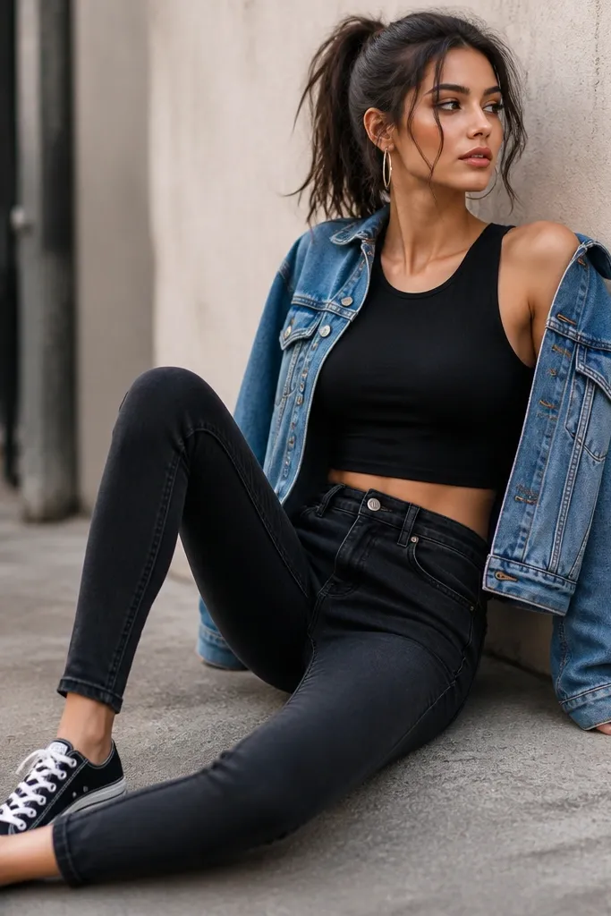 Black crop tank worn with washed black skinny jeans, tucked lightly at the front. Silver hoop earrings and a cropped denim jacket are visible. Shoes are black-and-white low-top sneakers.