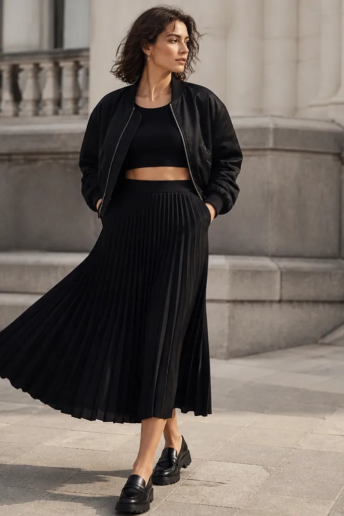 A black crop tank paired with a black pleated midi skirt. The outfit is shown with a cropped black bomber jacket and chunky loafers. The pleats move in the breeze.