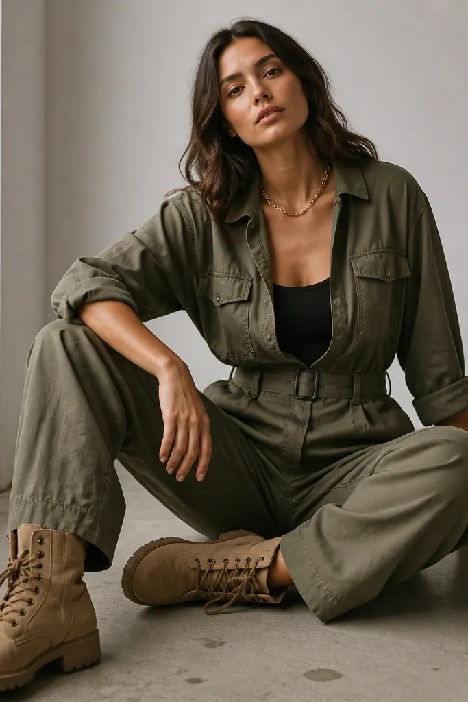 A black crop tank layered under an olive utility jumpsuit with open neckline. The jumpsuit has pockets and a belt. The model wears tan boots and a simple chain necklace.