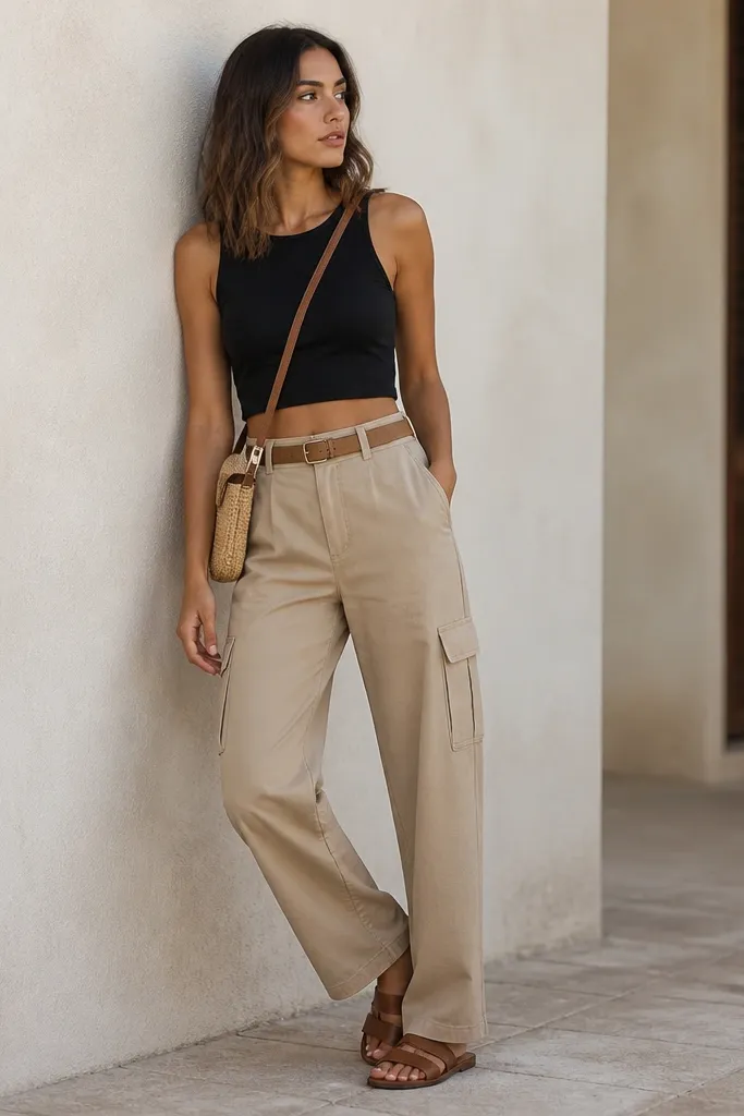 Black crop tank tucked into high-waisted khaki cargo pants. A tan belt is visible. The model wears brown sandals and a small crossbody bag.