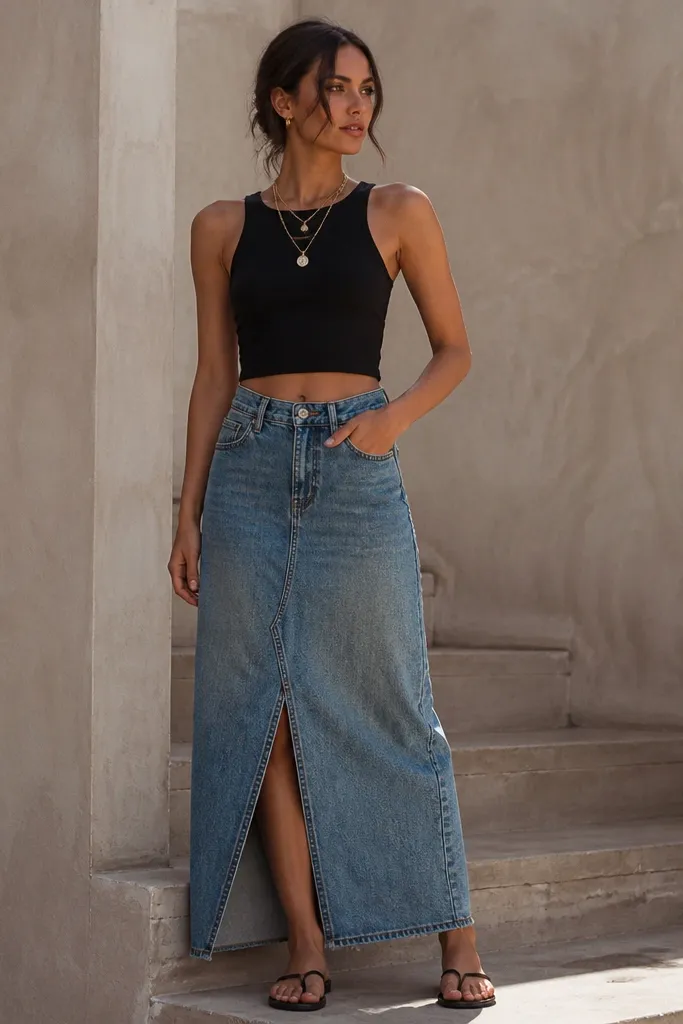 Black crop tank tucked into a denim maxi skirt with a front slit. The model wears black strappy sandals and layered necklaces. The denim has a medium wash.