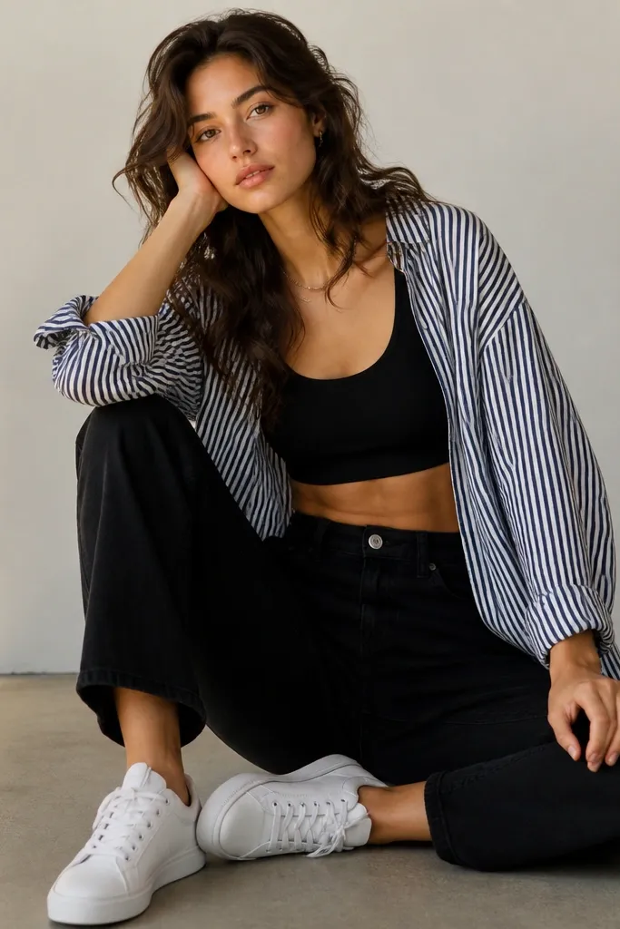 Black crop tank with a striped button-up worn open. The stripes are navy and white. The model wears high-waisted black jeans and white sneakers.
