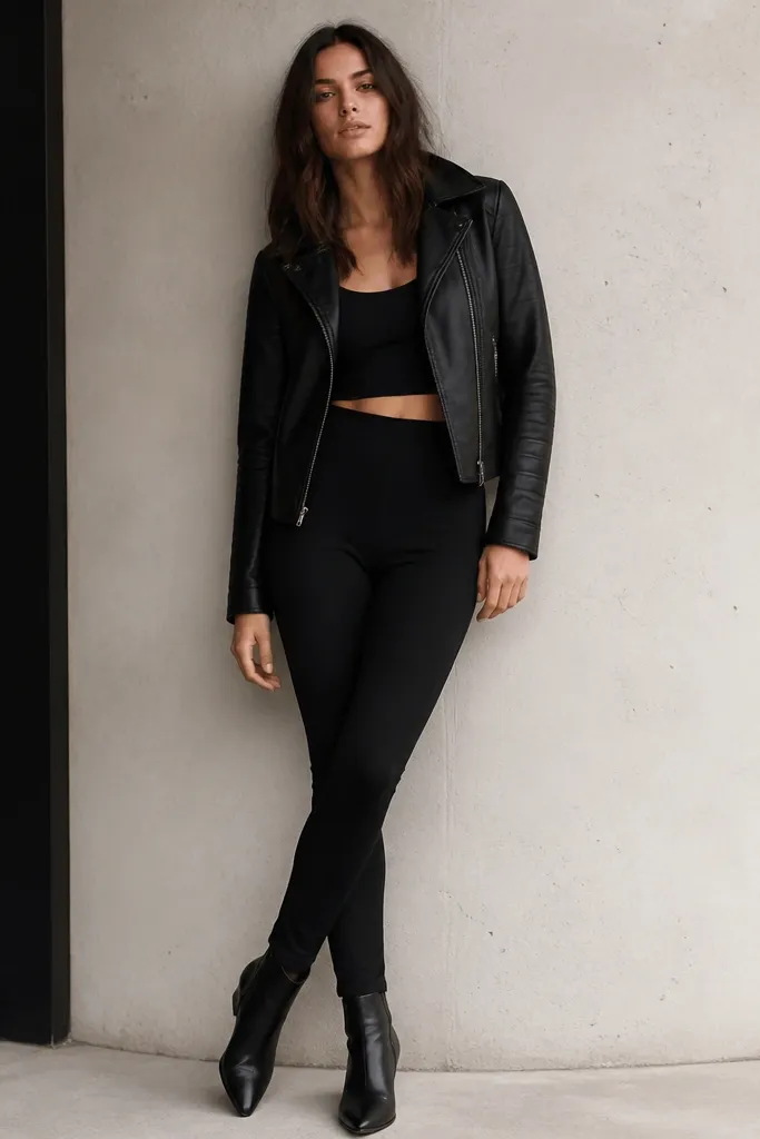 Black crop tank with matching black high-waisted leggings or slim pants. A black biker jacket is worn zipped halfway. The model wears black ankle boots.
