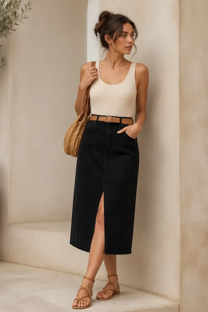 A model in a black denim skirt with a high waist, a cream ribbed tank tucked in, a medium-width tan belt, and tan leather strappy sandals; hair in a loose bun and a woven shoulder bag.