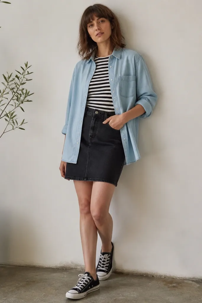 A model with a black denim skirt and a striped black-and-white tee, layered under a light chambray button-down worn open; the sleeves are rolled to mid-forearm and the model wears black canvas sneakers.