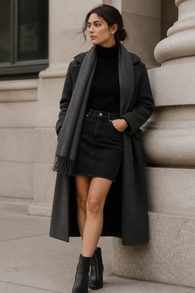 A model wearing a black ribbed turtleneck tucked into a black denim skirt, black leather ankle boots with a 2-3 inch heel, and a charcoal long wool coat; the outfit is styled with a scarf and small stud earrings.