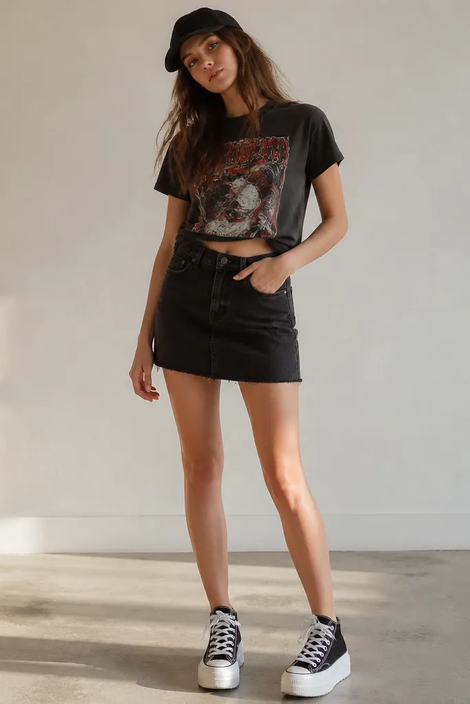 A model with a black denim skirt and a short graphic band tee tucked in at the front, showing a little waistband; she wears black-and-white platform sneakers and a black baseball cap.