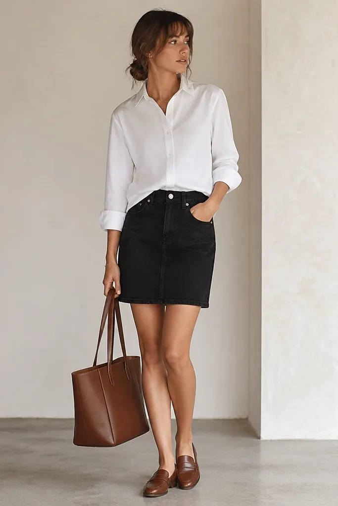 A model with a white button-up shirt half-tucked into a black denim skirt, sleeves rolled to the forearm, and brown leather loafers; a structured tote hangs at the side.