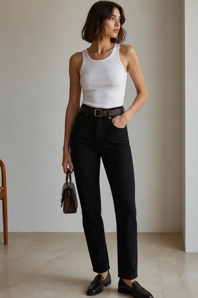 A white tank worn over black high-rise jeans with a brown leather belt. The person is holding a small structured bag; the shoes are dark loafers with a low heel.