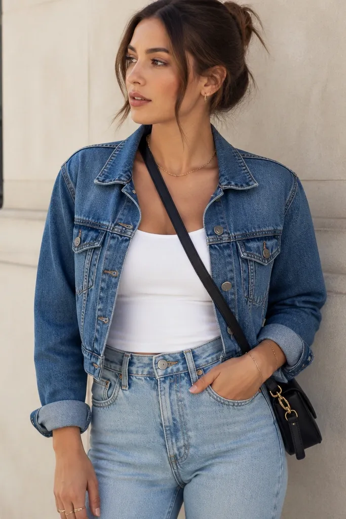 A white tank layered under a cropped medium-blue denim jacket with light-wash jeans. The sleeves are slightly rolled, and the outfit is styled with a crossbody bag.