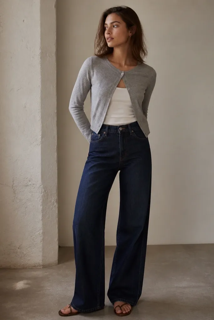 A white tank with wide-leg dark-wash jeans and a fitted cardigan buttoned at the top. The shoes are simple sandals, and the cardigan sleeves sit close to the wrists.